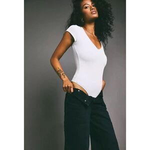 Free People Intimately Ready Or Not Bodysuit Med Ivory White Ribbed Short Sleeve